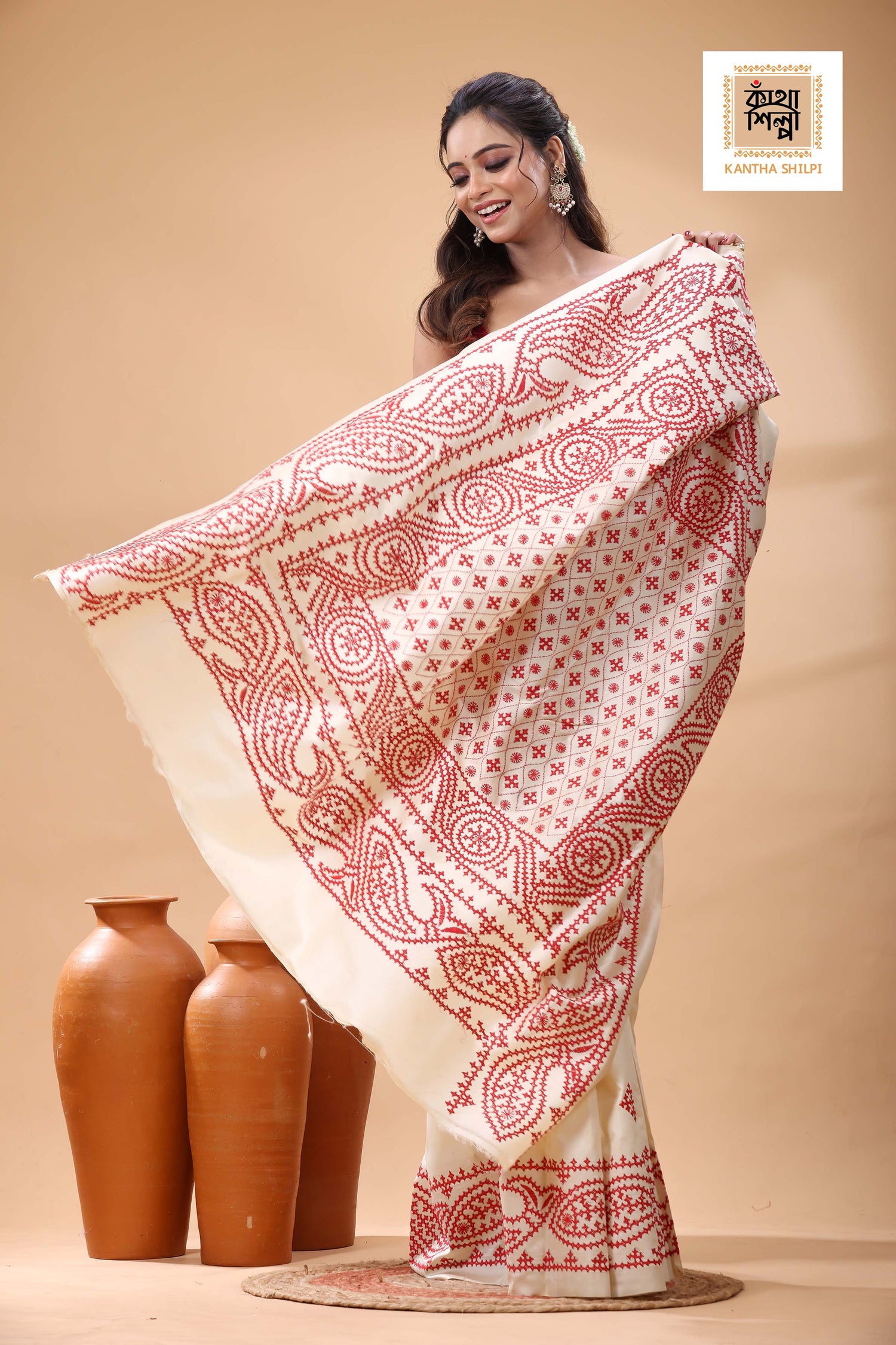 Off White Tussar Silk Red Thread Work Gujrati Stitch Saree