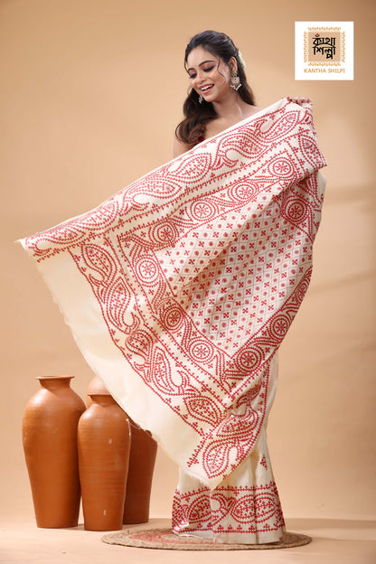 Off White Tussar Silk Red Thread Work Gujrati Stitch Saree