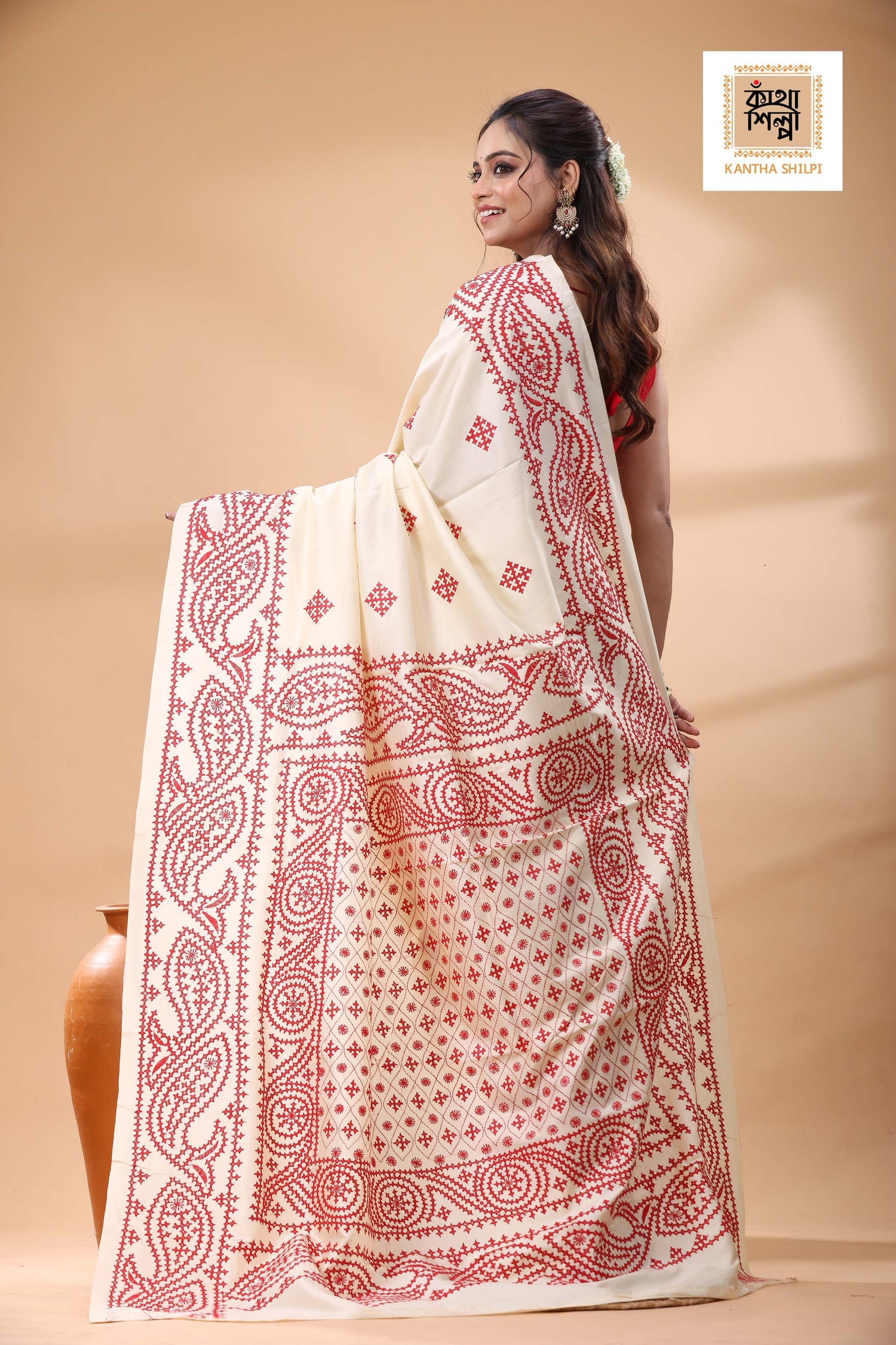 Off White Tussar Silk Red Thread Work Gujrati Stitch Saree