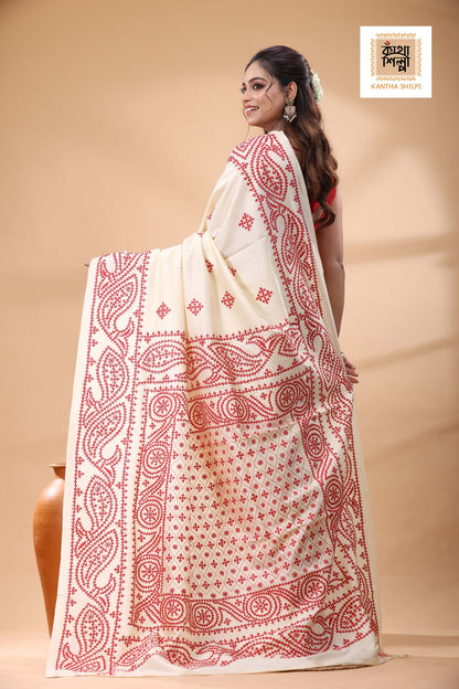 Off White Tussar Silk Red Thread Work Gujrati Stitch Saree