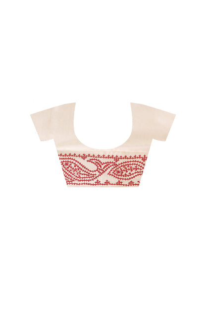 Off White Tussar Silk Red Thread Work Gujrati Stitch Saree