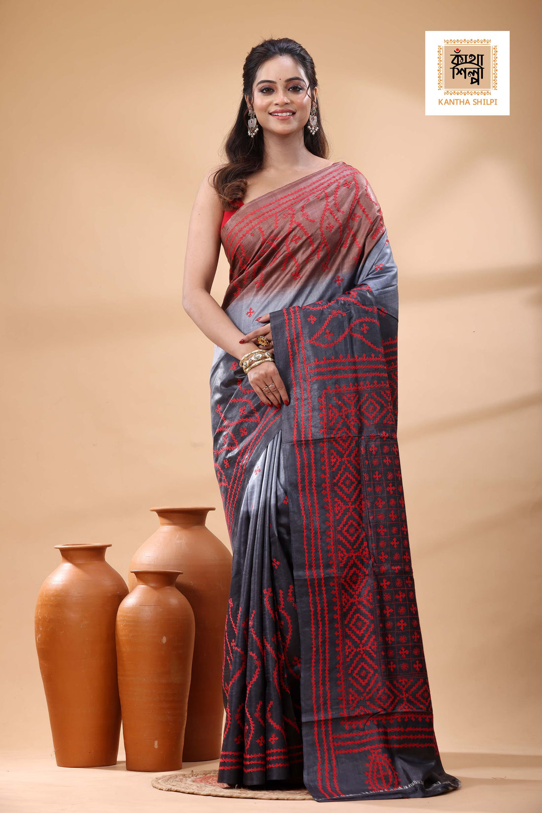Pure Gachi Tussar Multicolor Dye And Red Thread Work Gujrati Stitch Saree