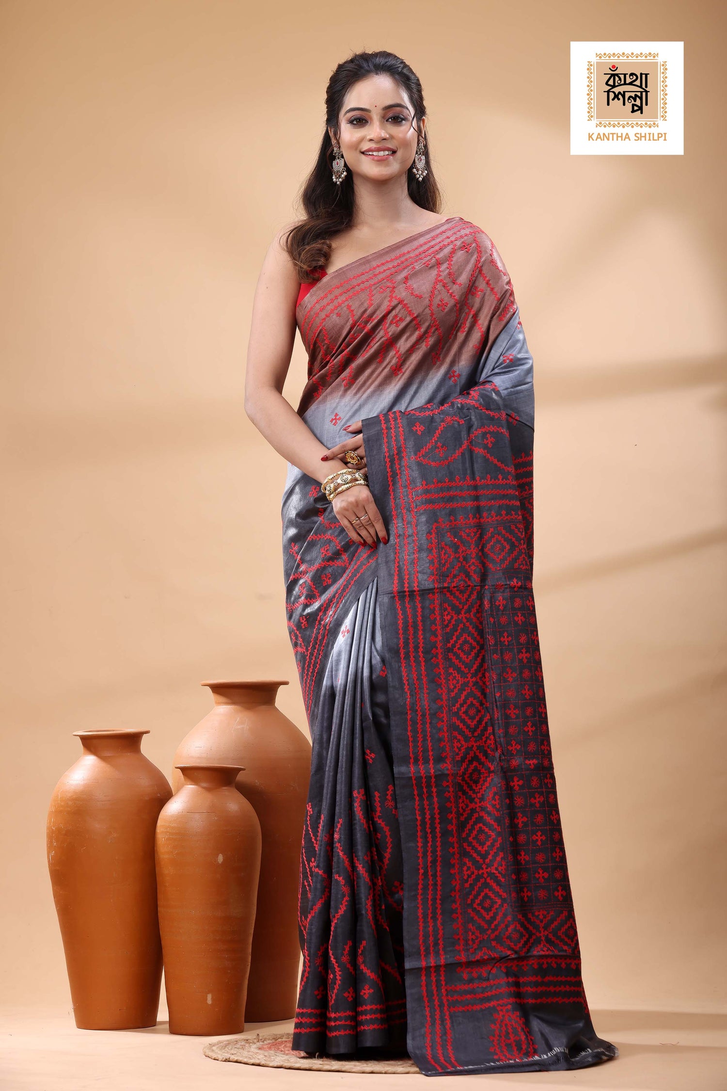 Pure Gachi Tussar Multicolor Dye And Red Thread Work Gujrati Stitch Saree