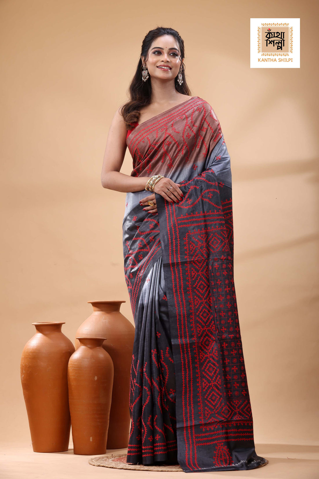 Pure Gachi Tussar Multicolor Dye And Red Thread Work Gujrati Stitch Saree