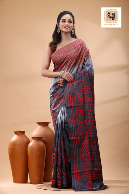 Pure Gachi Tussar Multicolor Dye And Red Thread Work Gujrati Stitch Saree