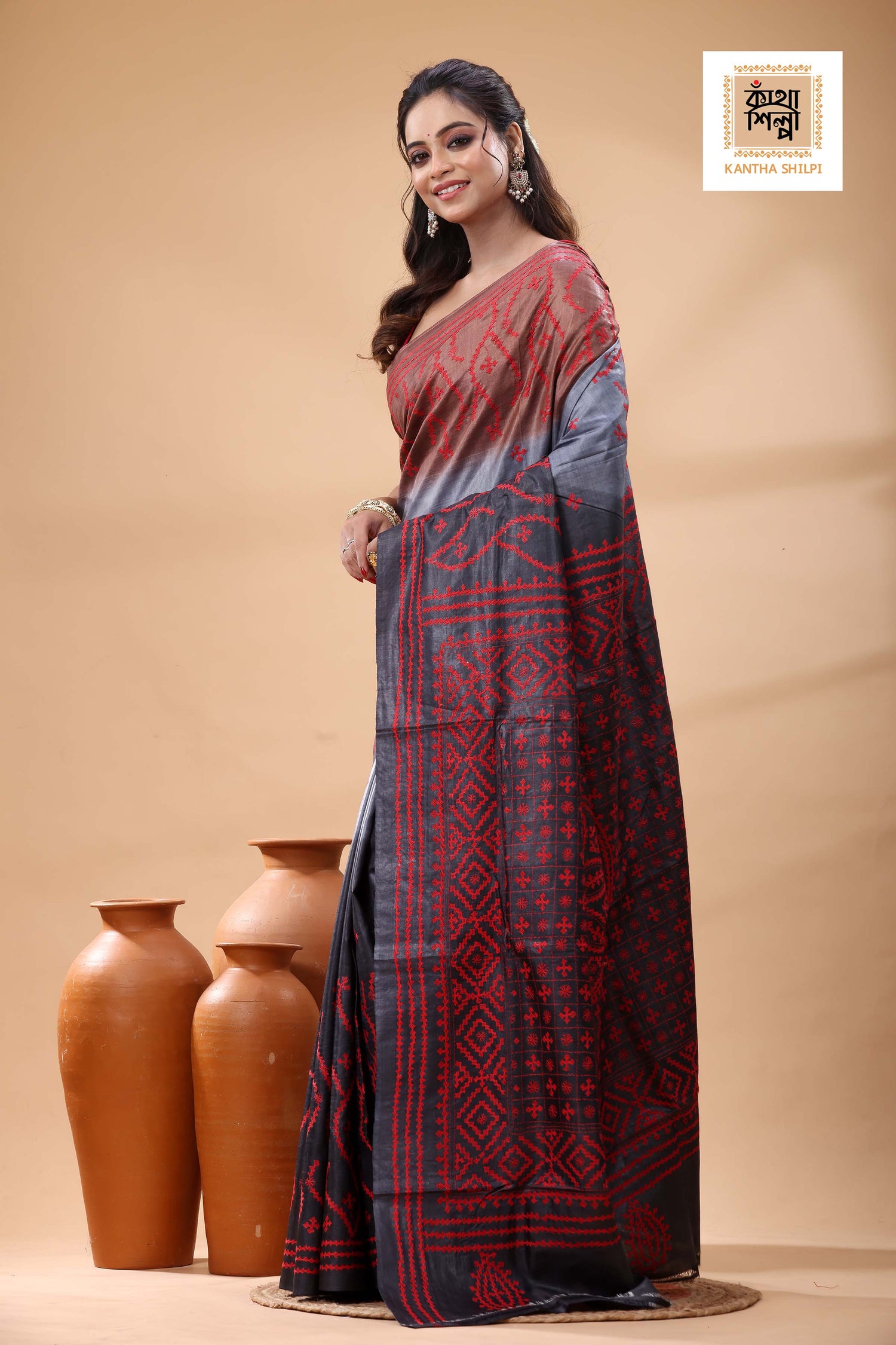 Pure Gachi Tussar Multicolor Dye And Red Thread Work Gujrati Stitch Saree