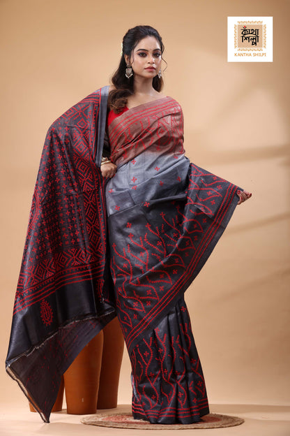 Pure Gachi Tussar Multicolor Dye And Red Thread Work Gujrati Stitch Saree