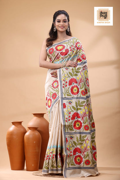 Pure Gachi Tussar Multicolor Thread Work Kantha Stitch Saree