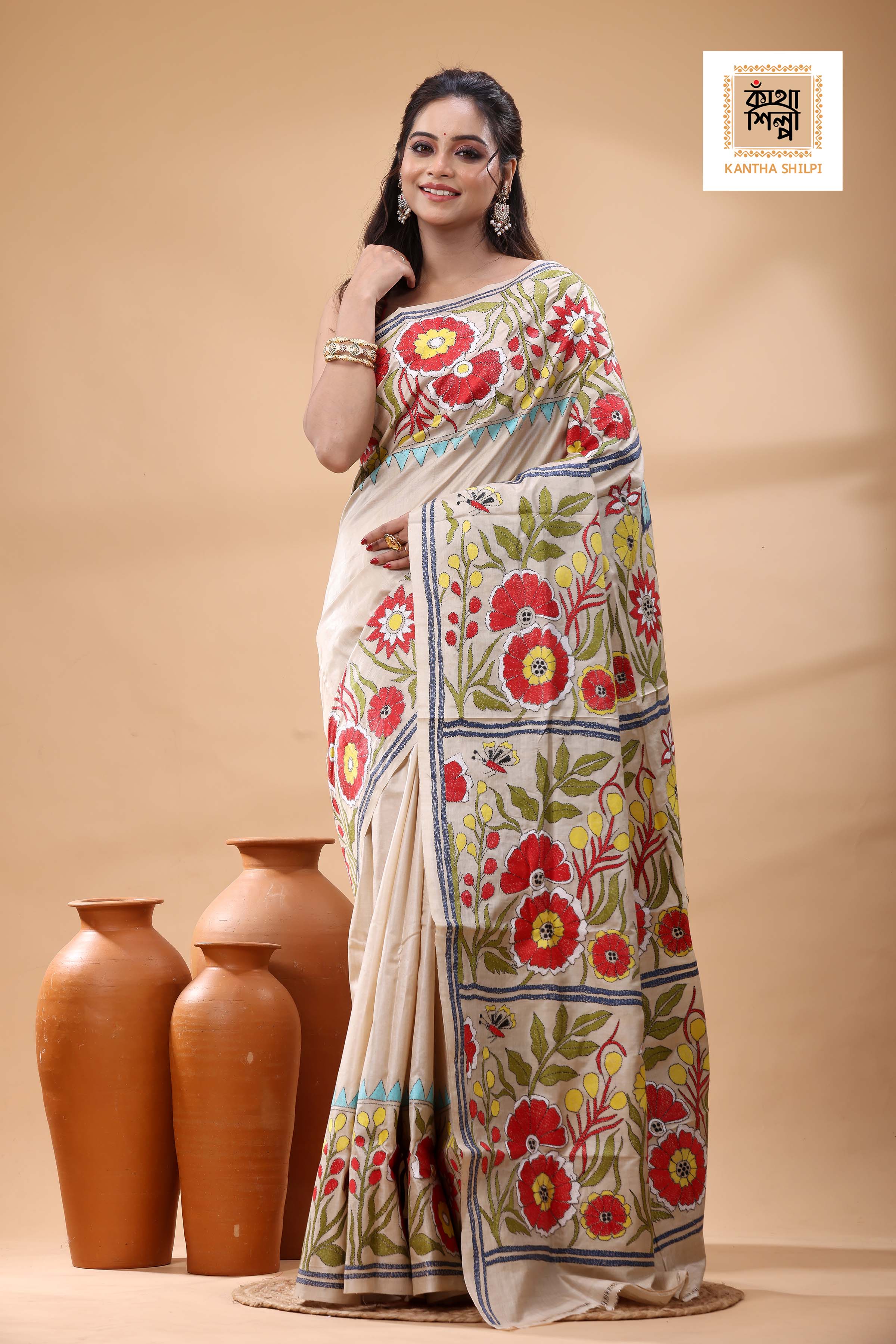 Pure Gachi Tussar Multicolor Thread Work Kantha Stitch Saree