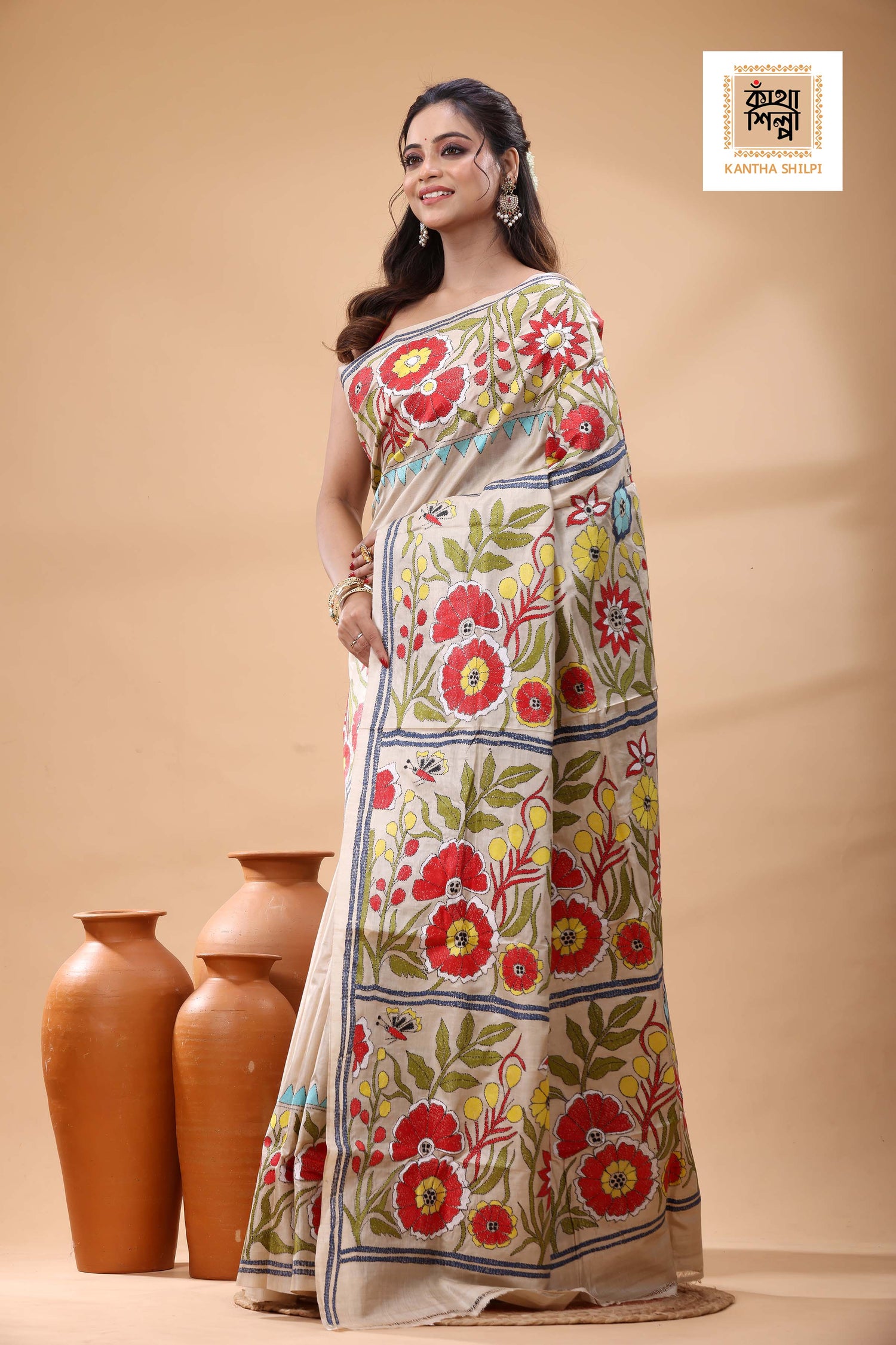 Pure Gachi Tussar Multicolor Thread Work Kantha Stitch Saree