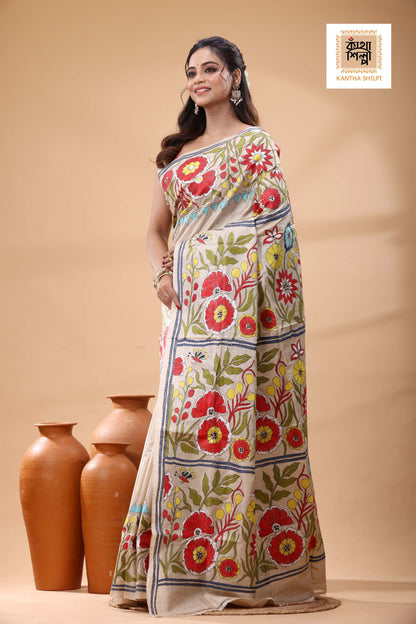 Pure Gachi Tussar Multicolor Thread Work Kantha Stitch Saree
