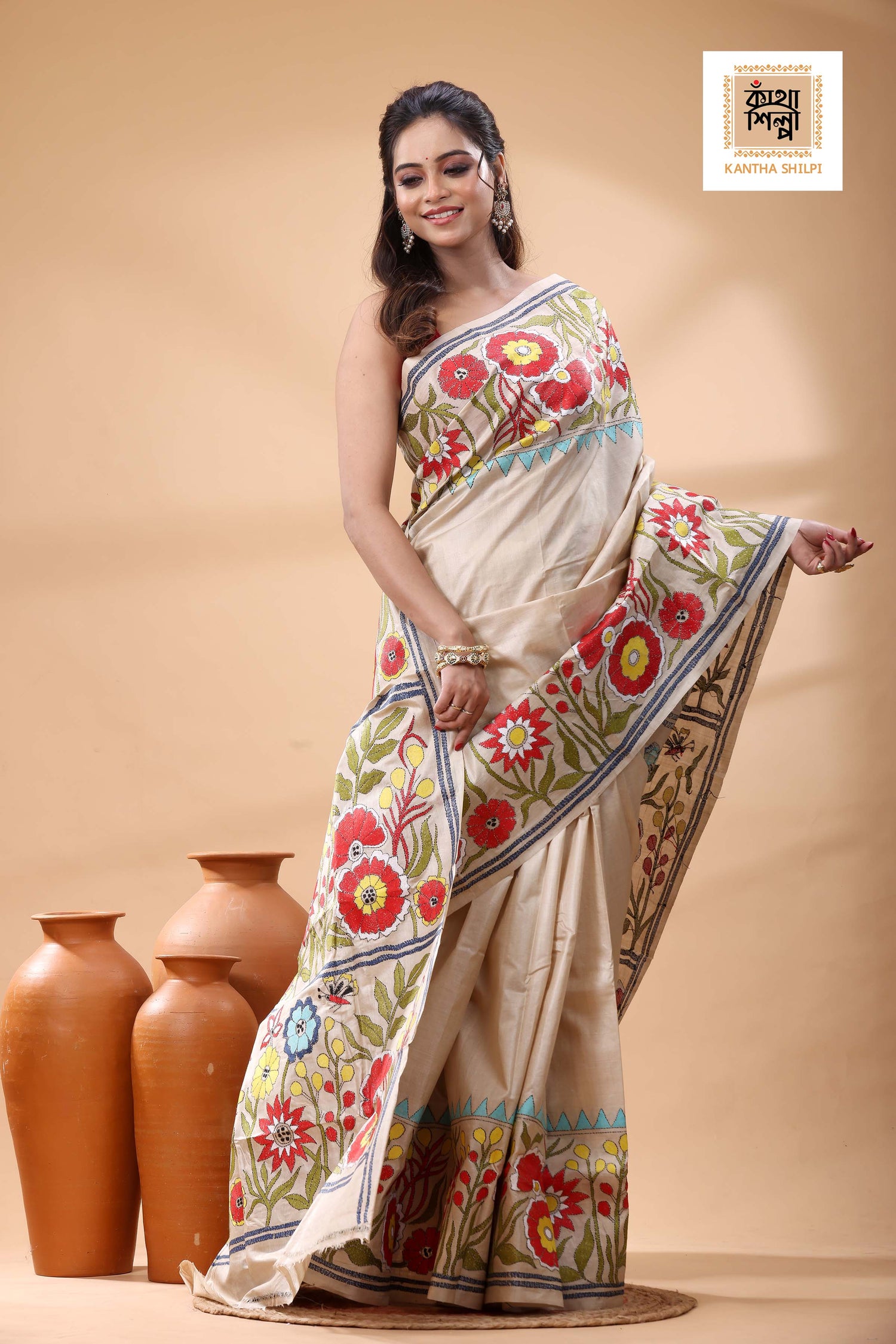 Pure Gachi Tussar Multicolor Thread Work Kantha Stitch Saree