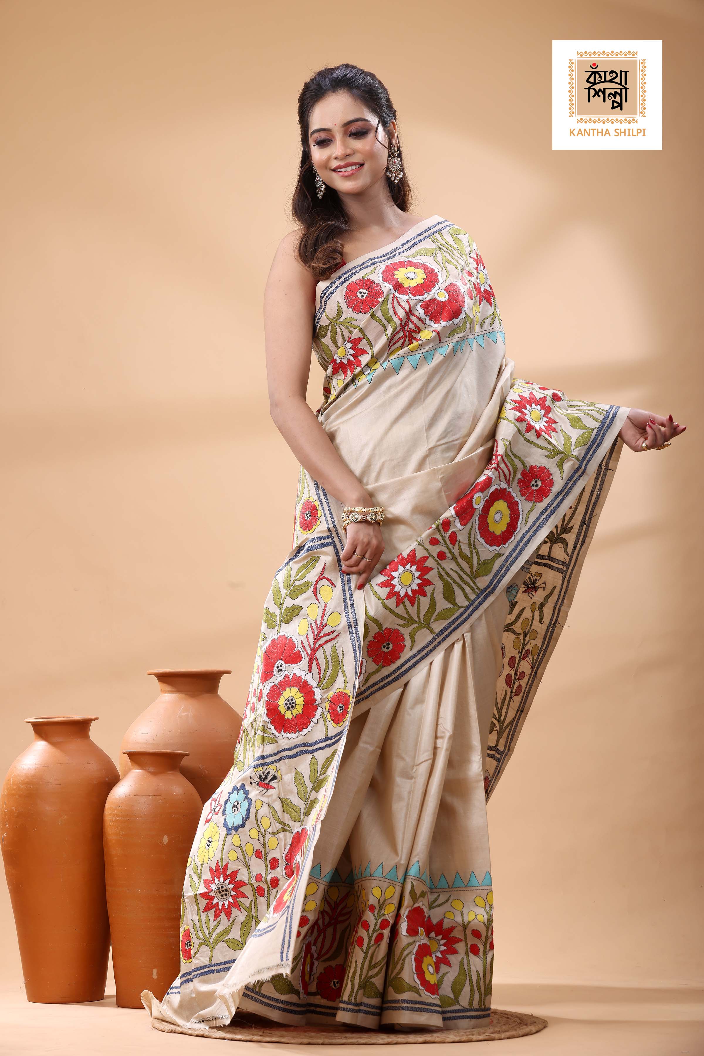 Pure Gachi Tussar Multicolor Thread Work Kantha Stitch Saree