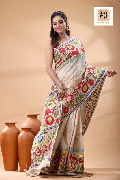 Pure Gachi Tussar Multicolor Thread Work Kantha Stitch Saree