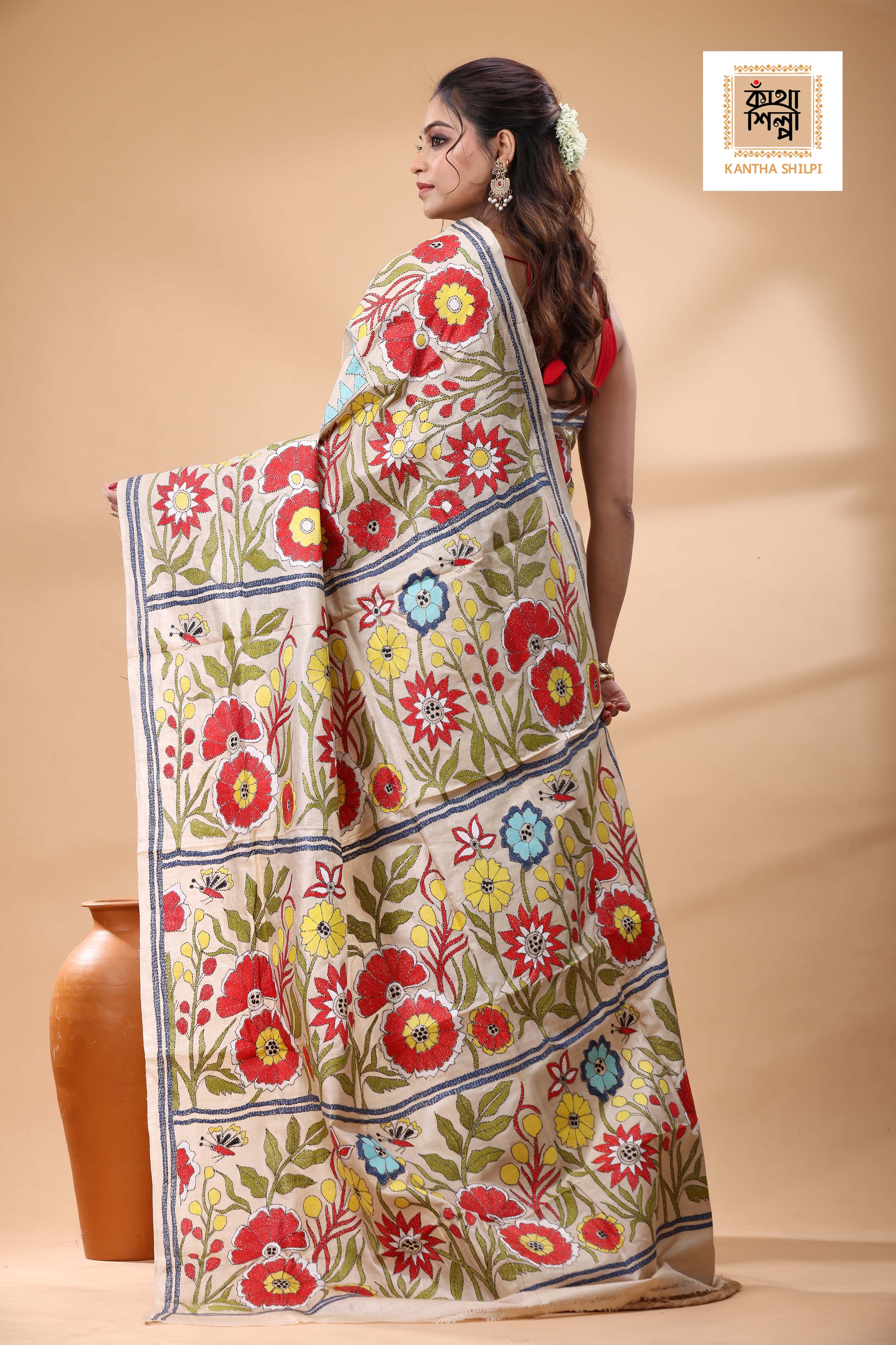 Pure Gachi Tussar Multicolor Thread Work Kantha Stitch Saree