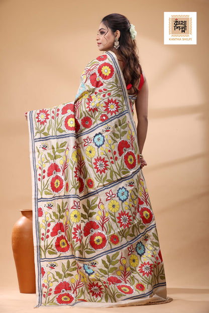 Pure Gachi Tussar Multicolor Thread Work Kantha Stitch Saree
