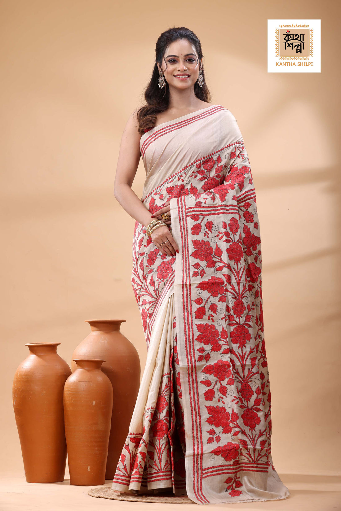 Pure Gachi Tussar Red Color Thread Work Kantha Stitch Saree