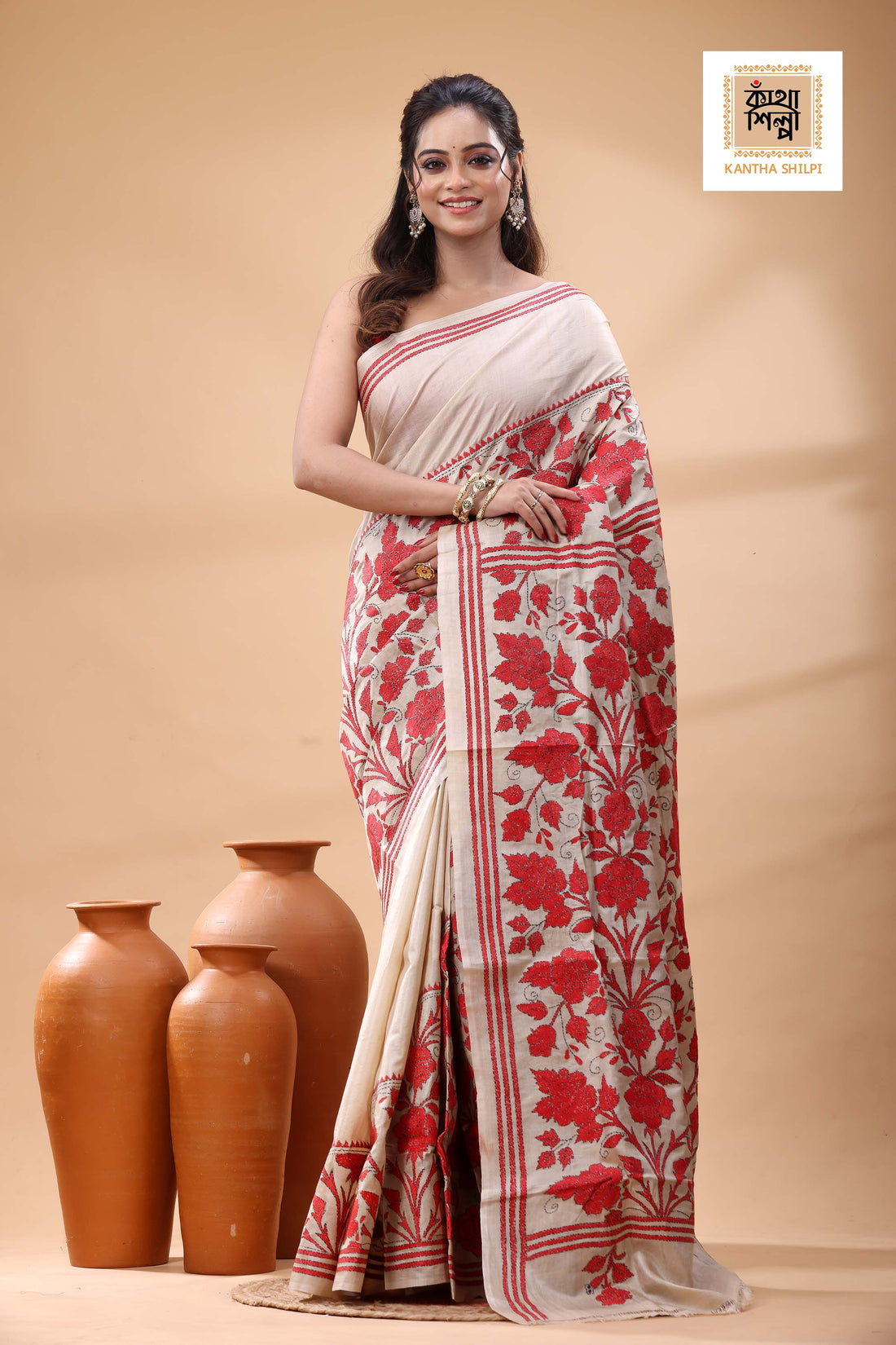 Pure Gachi Tussar Red Color Thread Work Kantha Stitch Saree