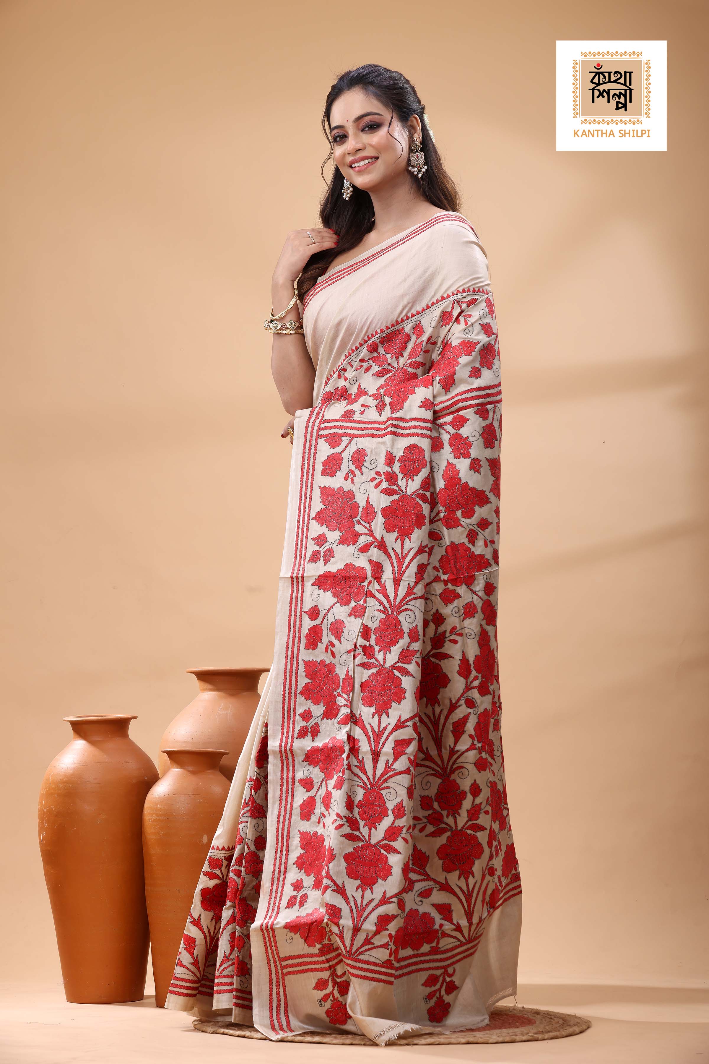 Pure Gachi Tussar Red Color Thread Work Kantha Stitch Saree