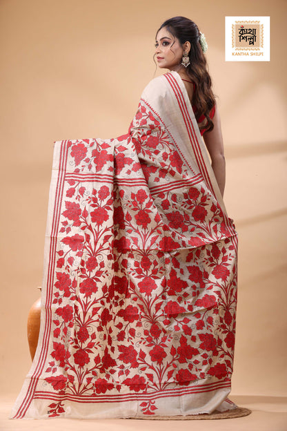 Pure Gachi Tussar Red Color Thread Work Kantha Stitch Saree