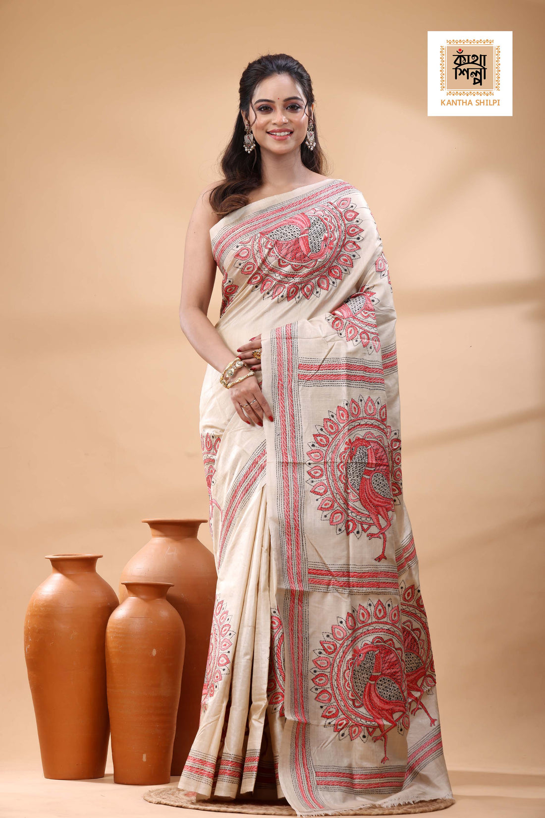 Pure Gachi Tussar Red Black Color Thread Work Kantha Stitch Saree