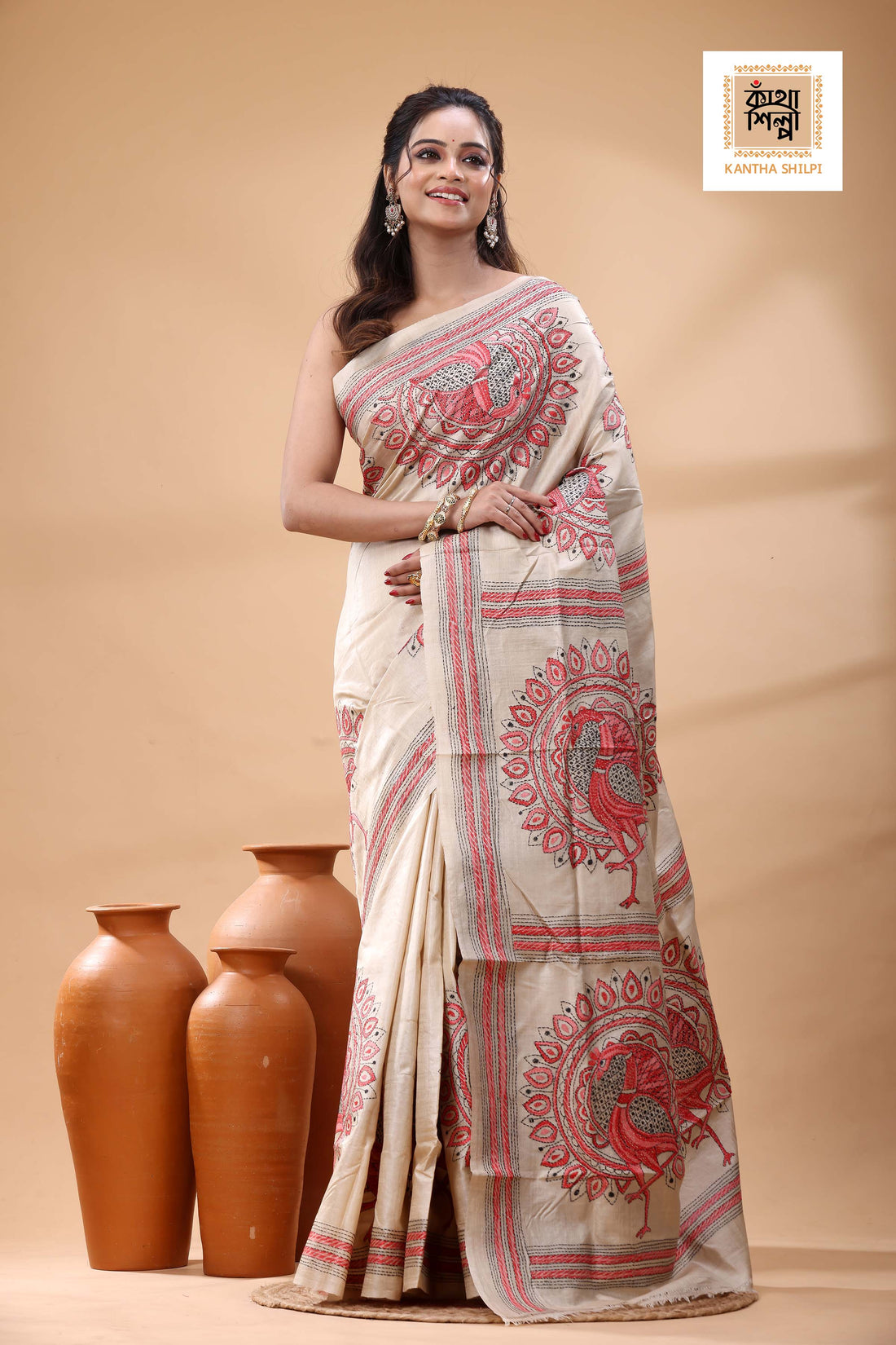 Pure Gachi Tussar Red Black Color Thread Work Kantha Stitch Saree