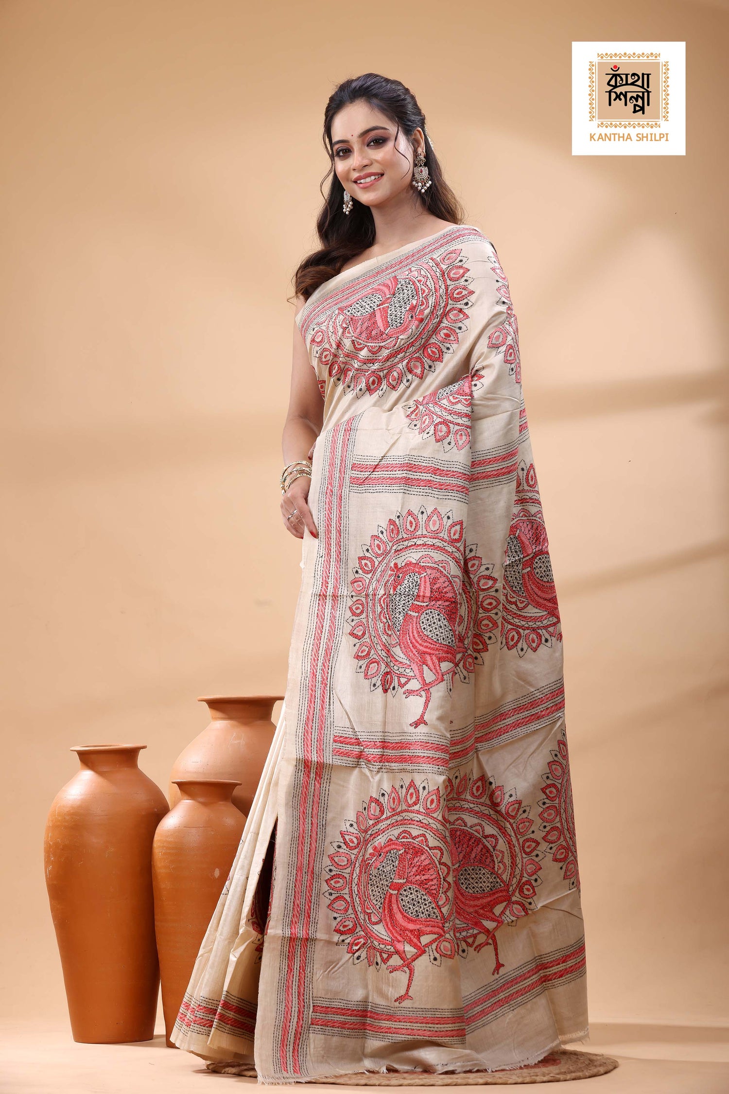 Pure Gachi Tussar Red Black Color Thread Work Kantha Stitch Saree