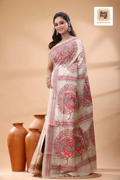 Pure Gachi Tussar Red Black Color Thread Work Kantha Stitch Saree