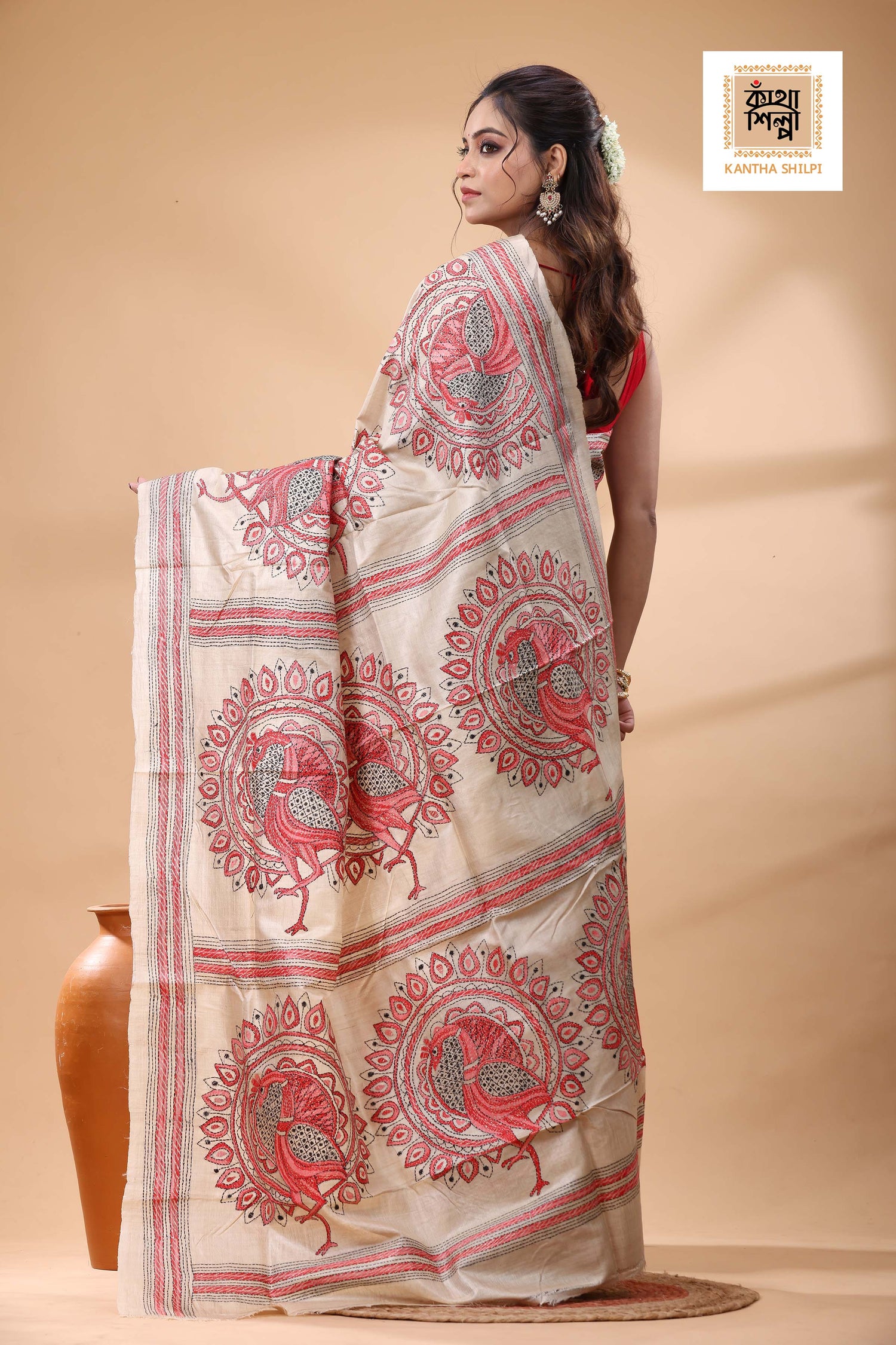 Pure Gachi Tussar Red Black Color Thread Work Kantha Stitch Saree