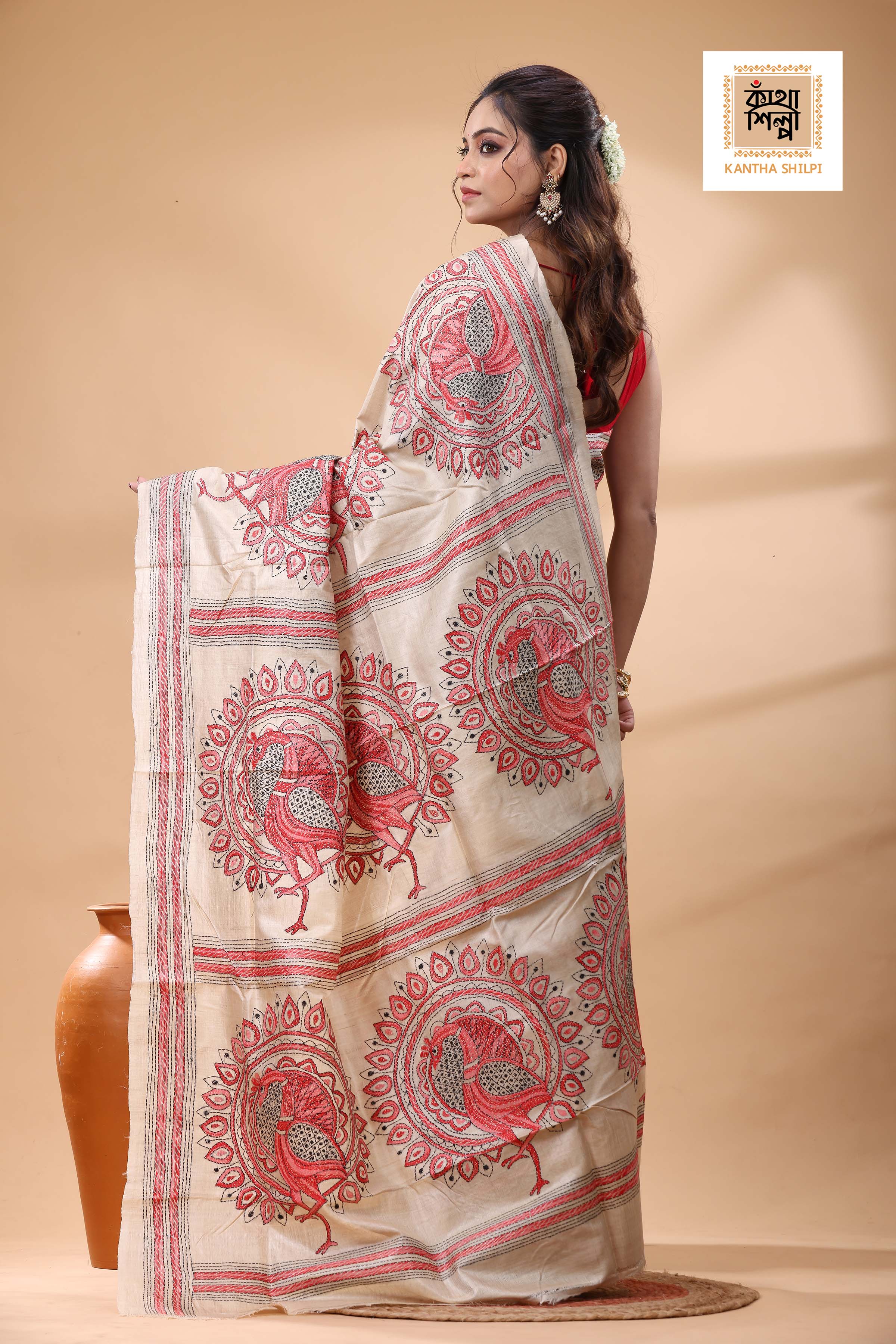 Pure Gachi Tussar Red Black Color Thread Work Kantha Stitch Saree