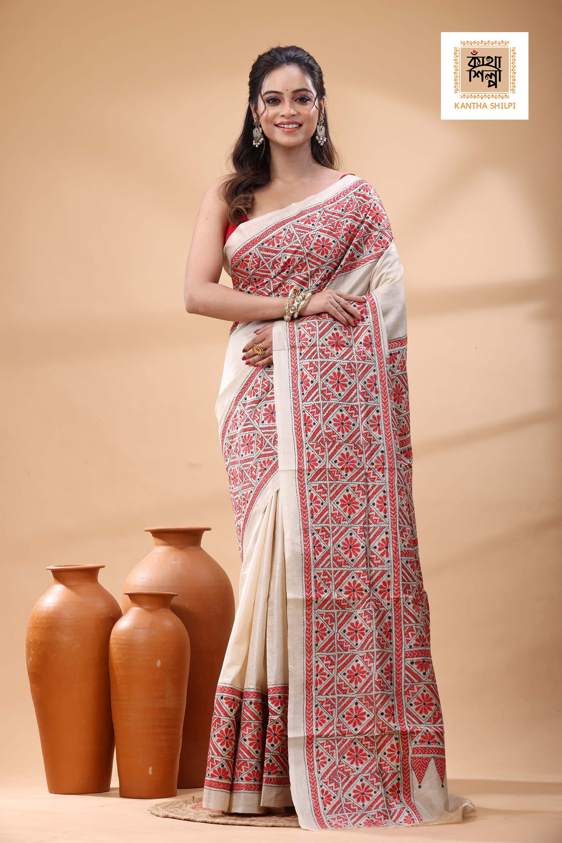 Pure Gachi Tussar Red Black Color Thread Work Kantha Stitch Saree