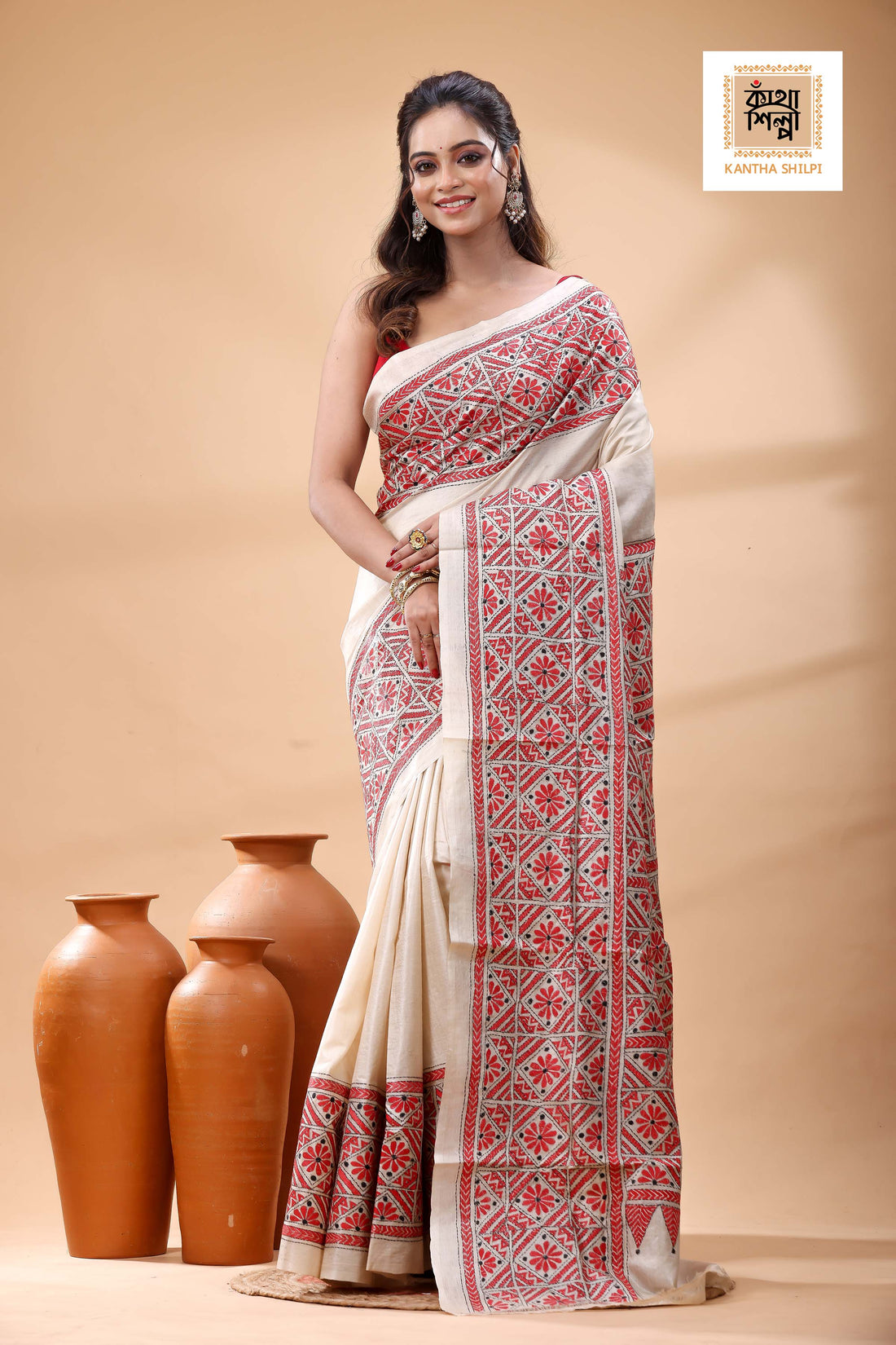 Pure Gachi Tussar Red Black Color Thread Work Kantha Stitch Saree