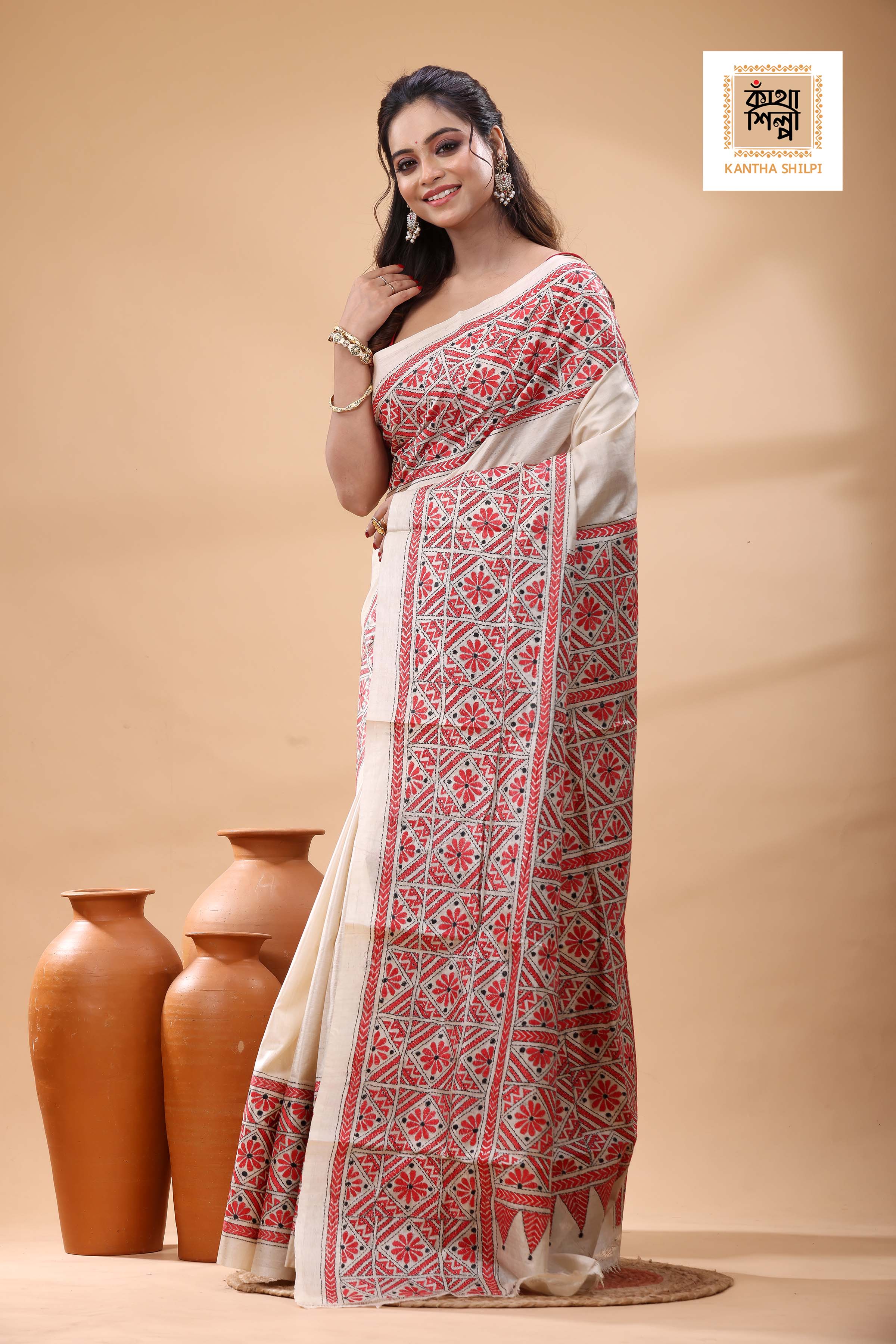 Pure Gachi Tussar Red Black Color Thread Work Kantha Stitch Saree