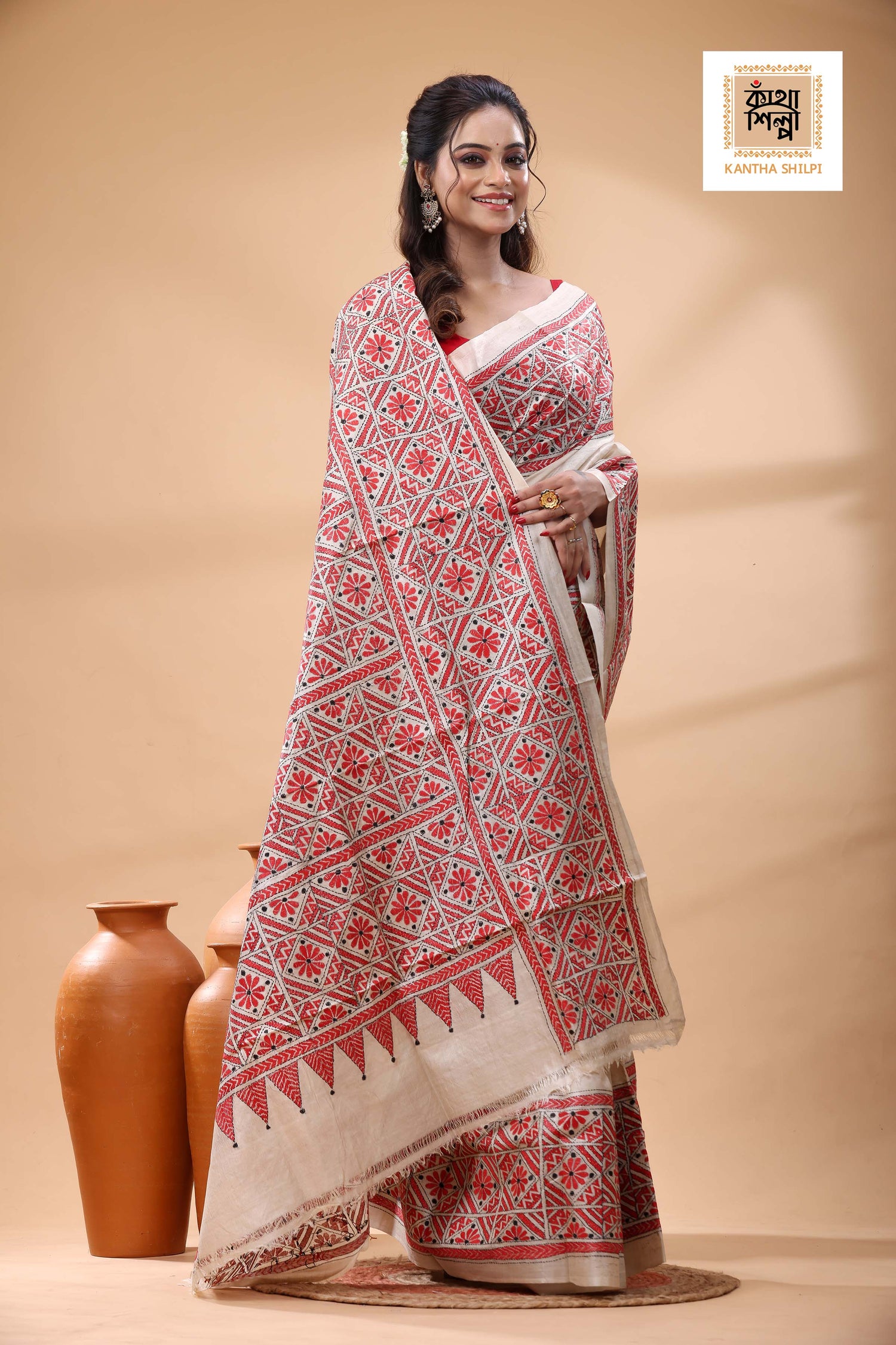 Pure Gachi Tussar Red Black Color Thread Work Kantha Stitch Saree