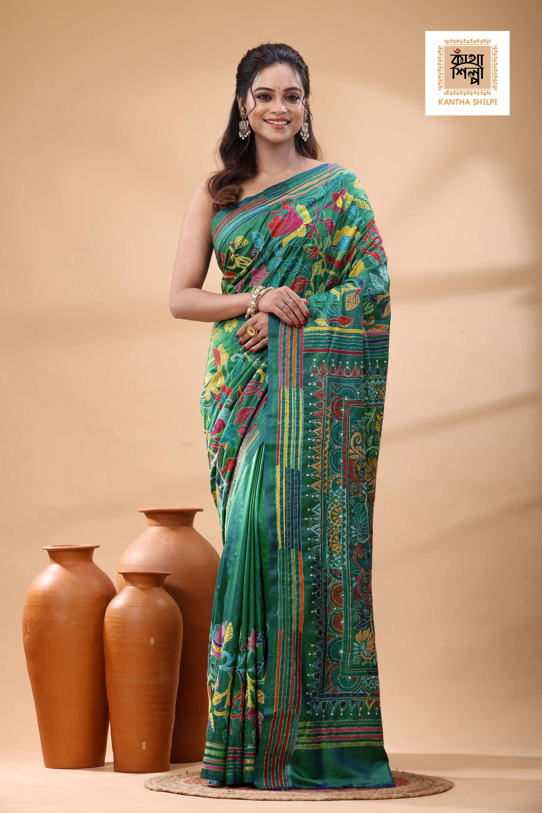Green Bishnupuri (Katan) Silk Kantha Stitch Saree