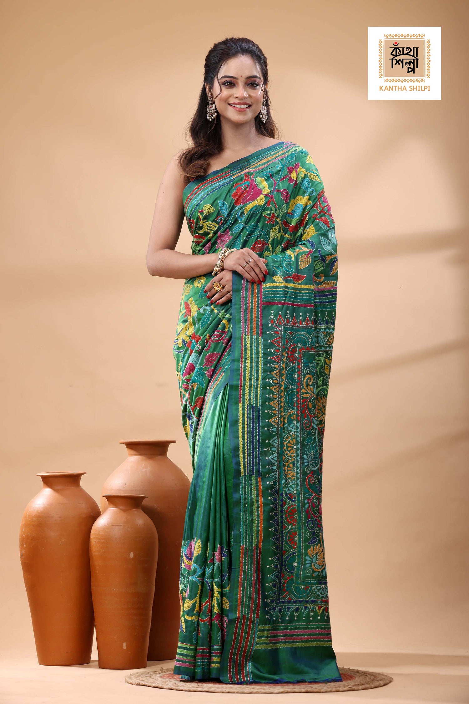 Green Bishnupuri (Katan) Silk Kantha Stitch Saree