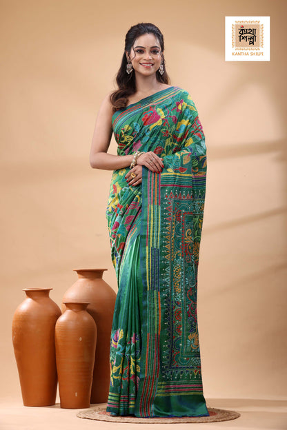 Green Bishnupuri (Katan) Silk Kantha Stitch Saree