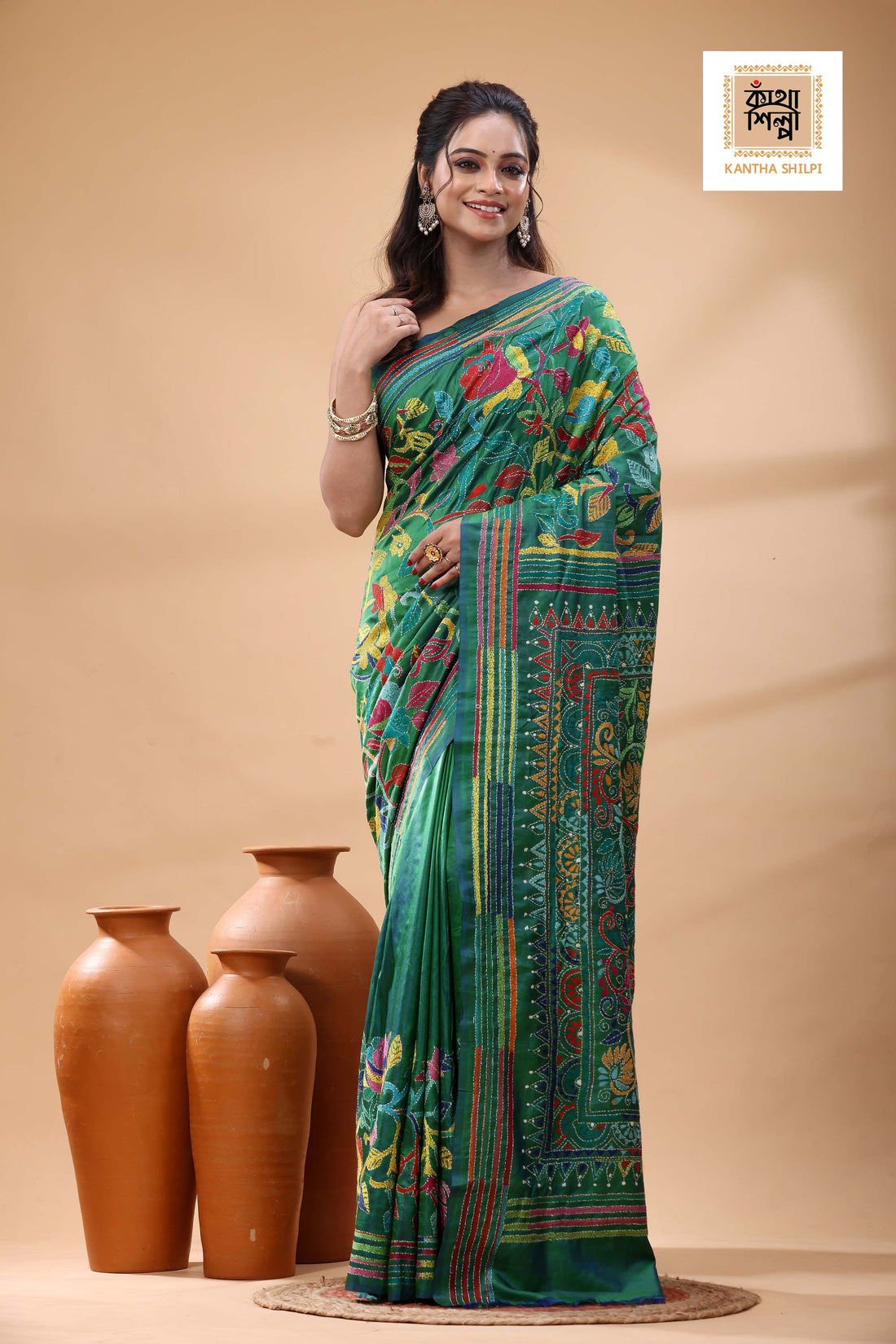 Green Bishnupuri (Katan) Silk Kantha Stitch Saree