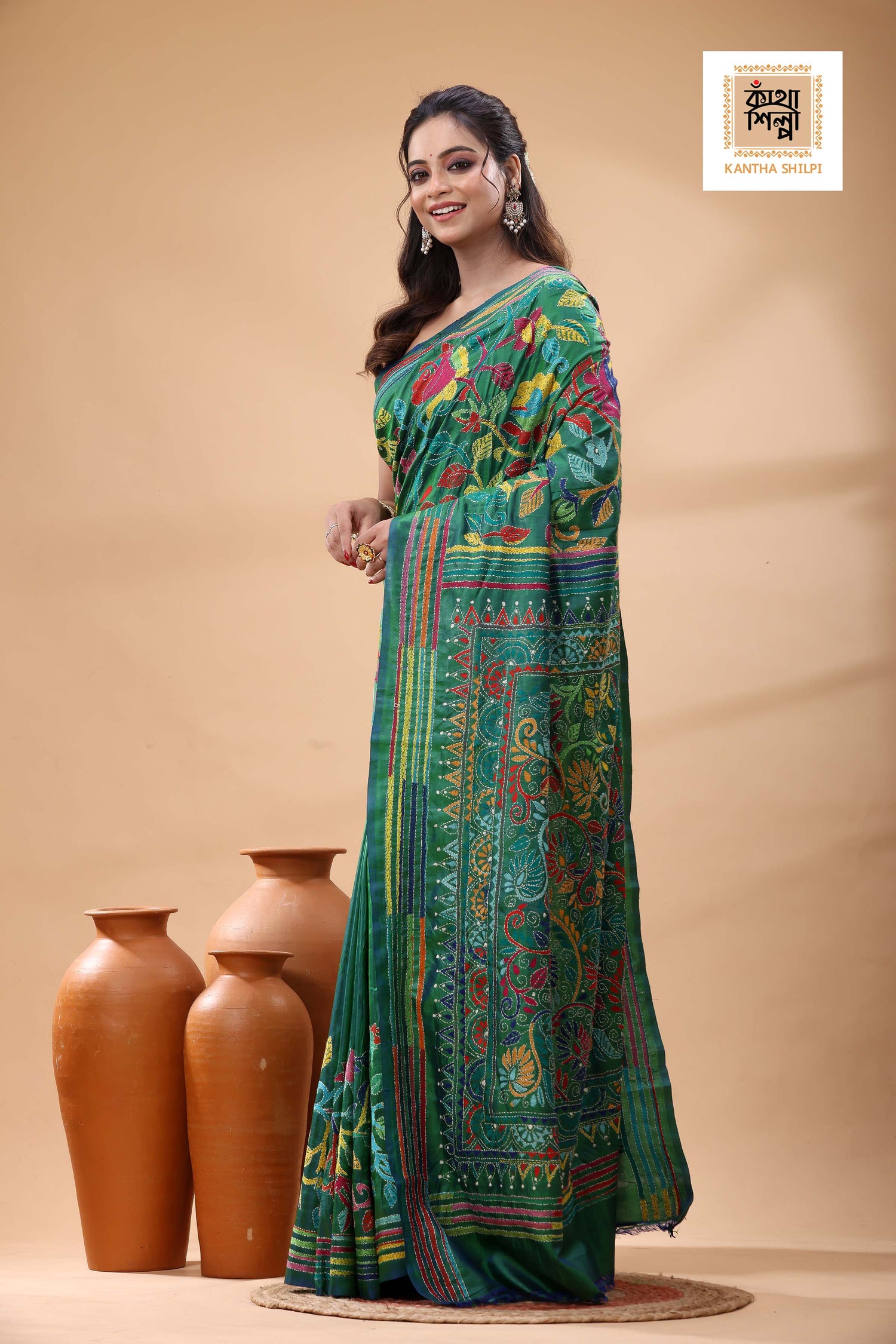 Green Bishnupuri (Katan) Silk Kantha Stitch Saree