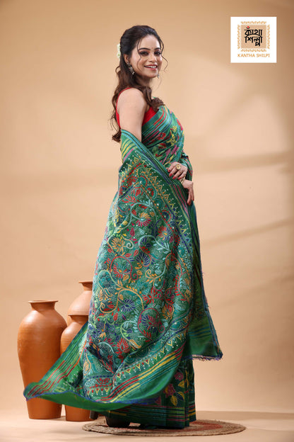 Green Bishnupuri (Katan) Silk Kantha Stitch Saree