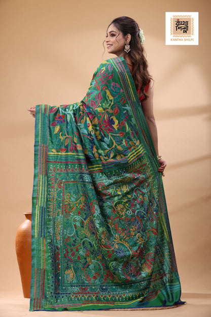 Green Bishnupuri (Katan) Silk Kantha Stitch Saree