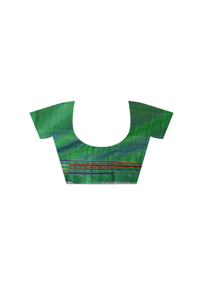 Green Bishnupuri (Katan) Silk Kantha Stitch Saree