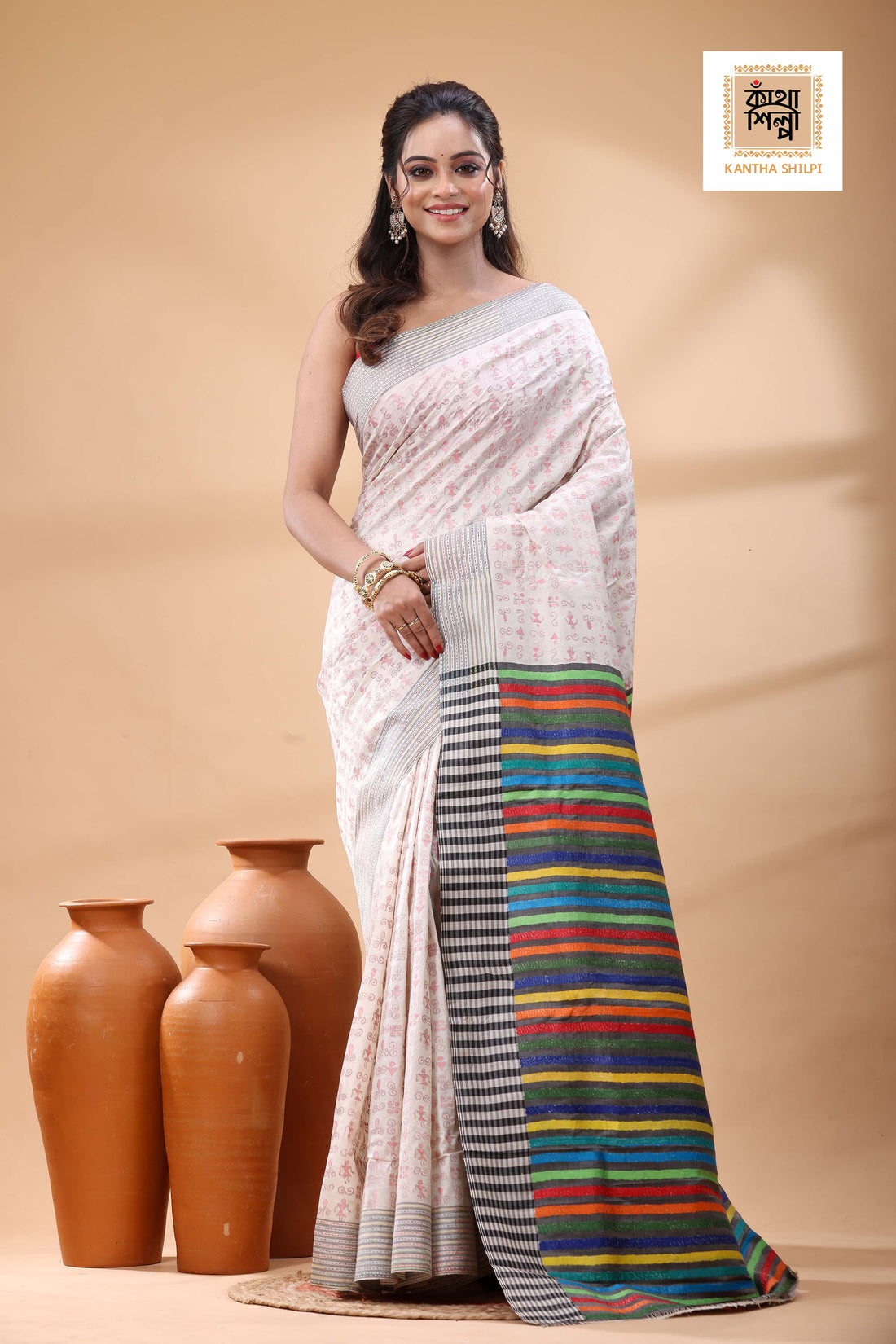 Bishnupuri (Katan) Silk Kantha Stitch Saree