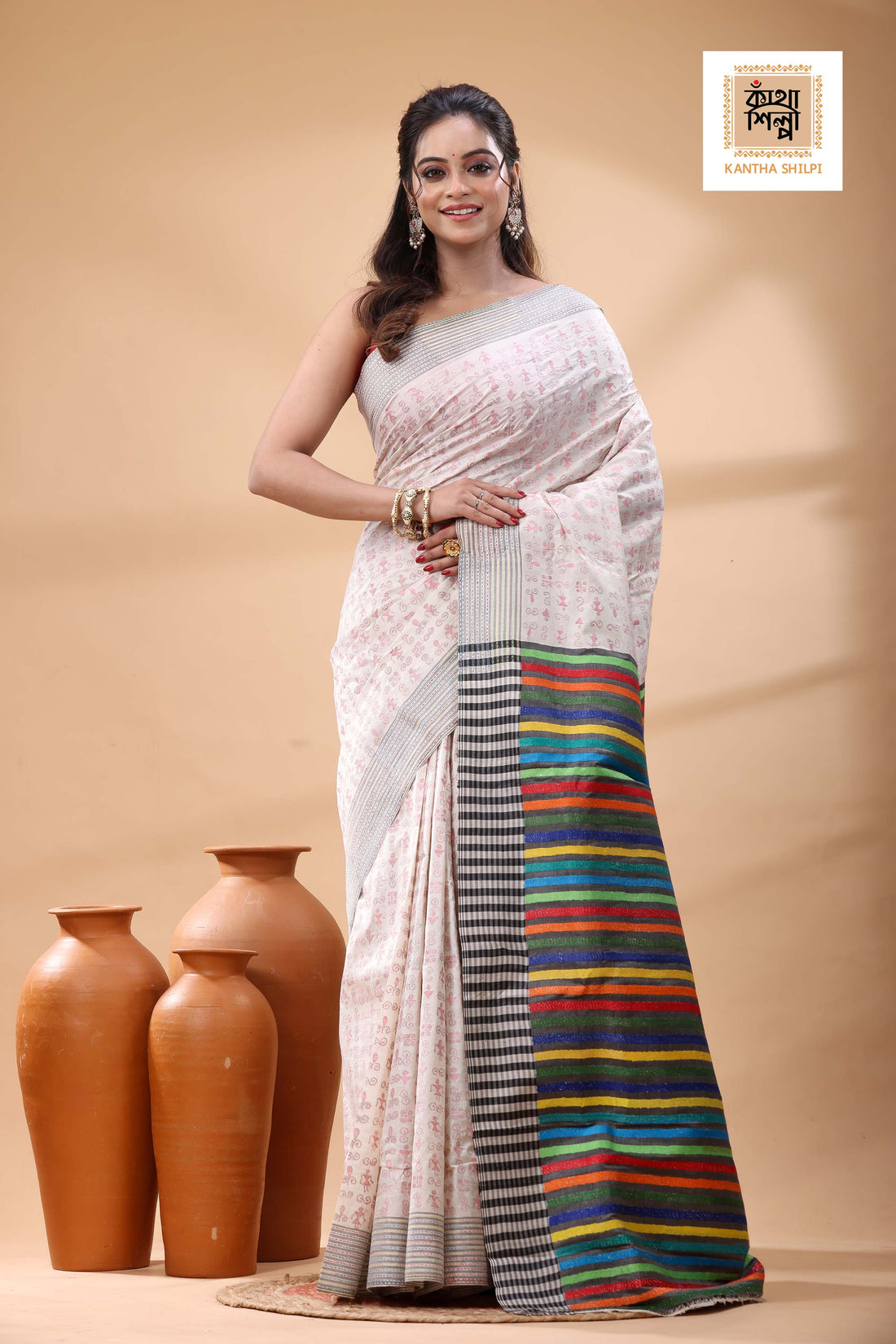 Bishnupuri (Katan) Silk Kantha Stitch Saree