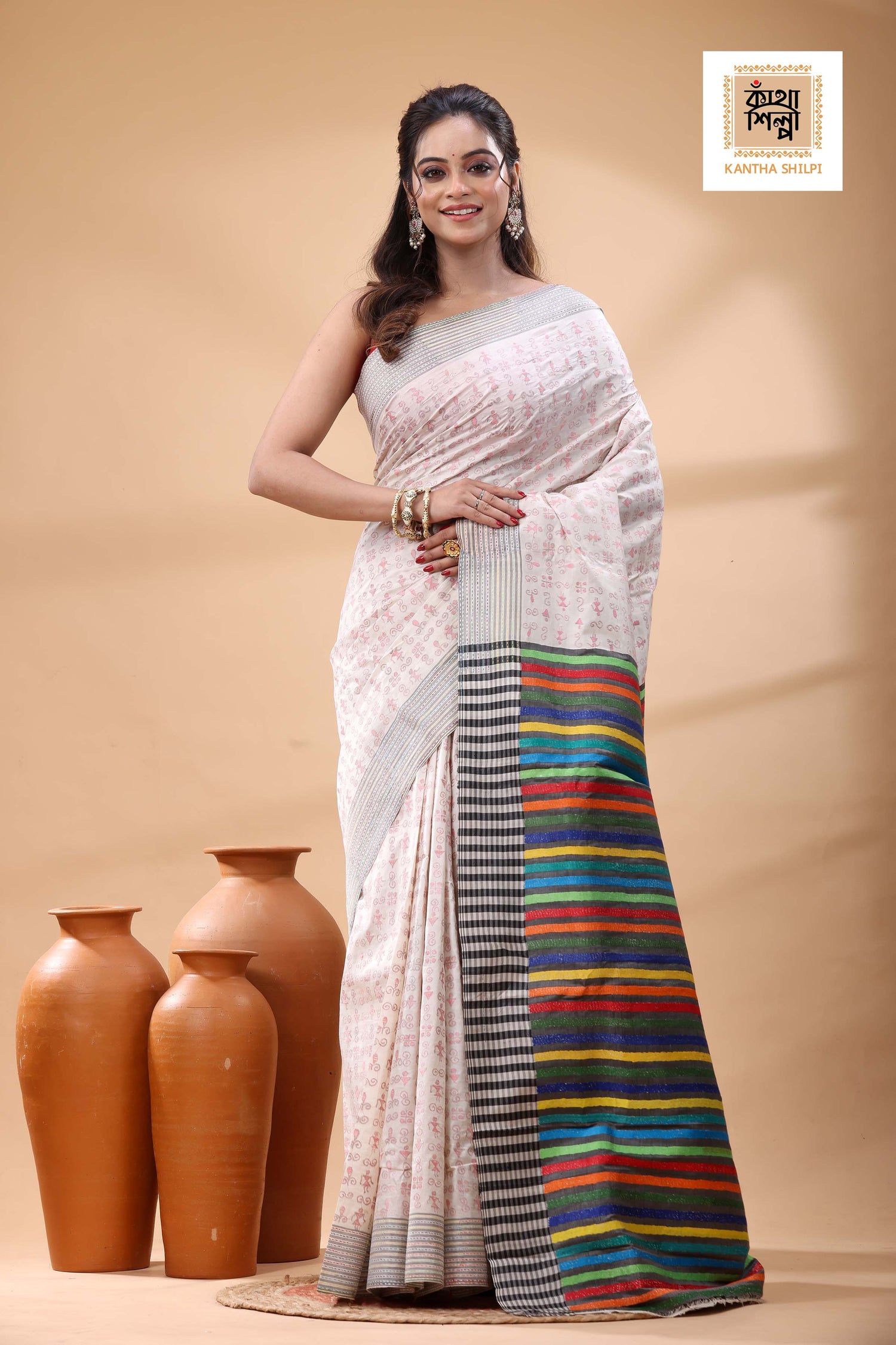 Bishnupuri (Katan) Silk Kantha Stitch Saree