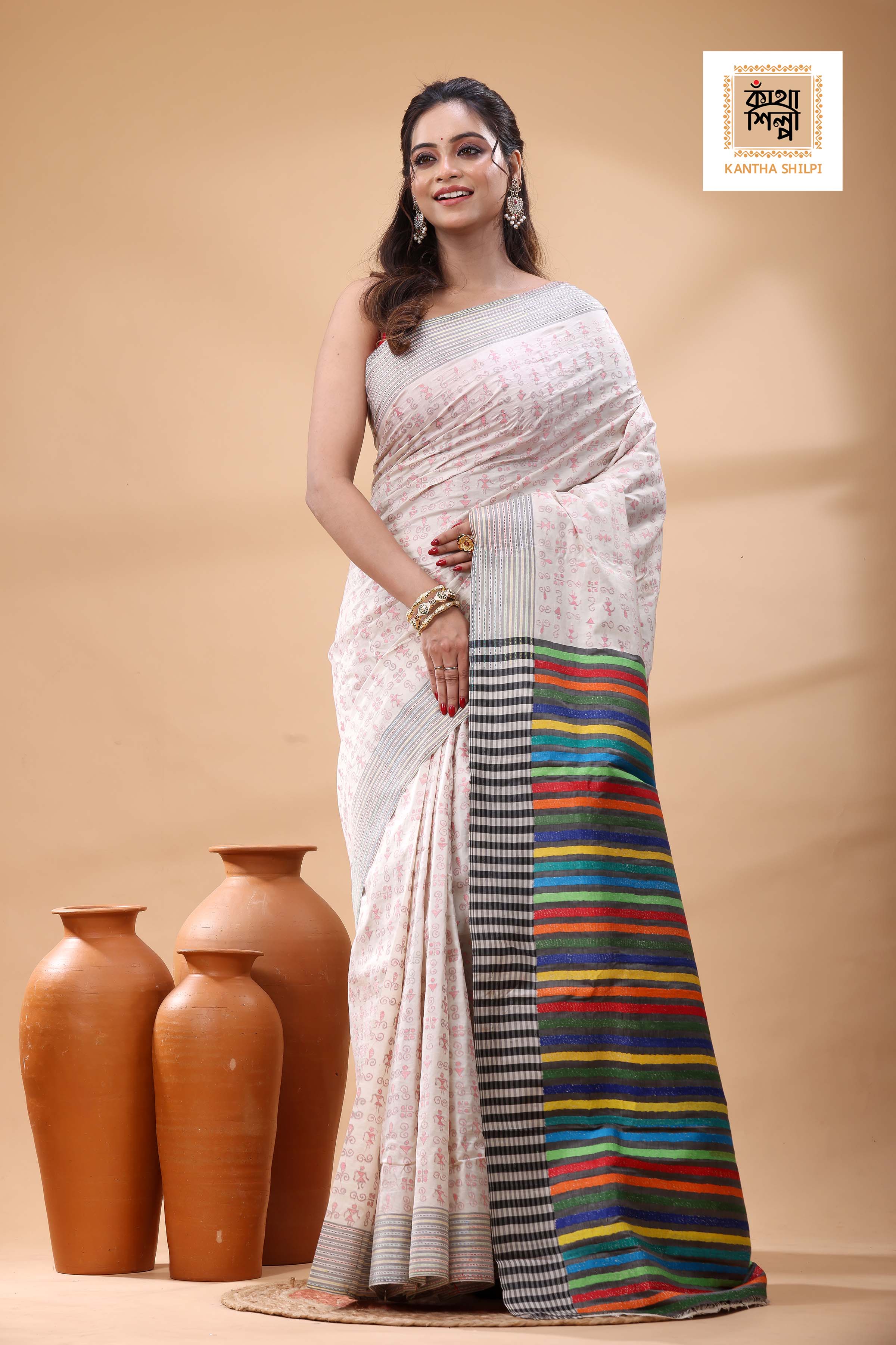 Bishnupuri (Katan) Silk Kantha Stitch Saree