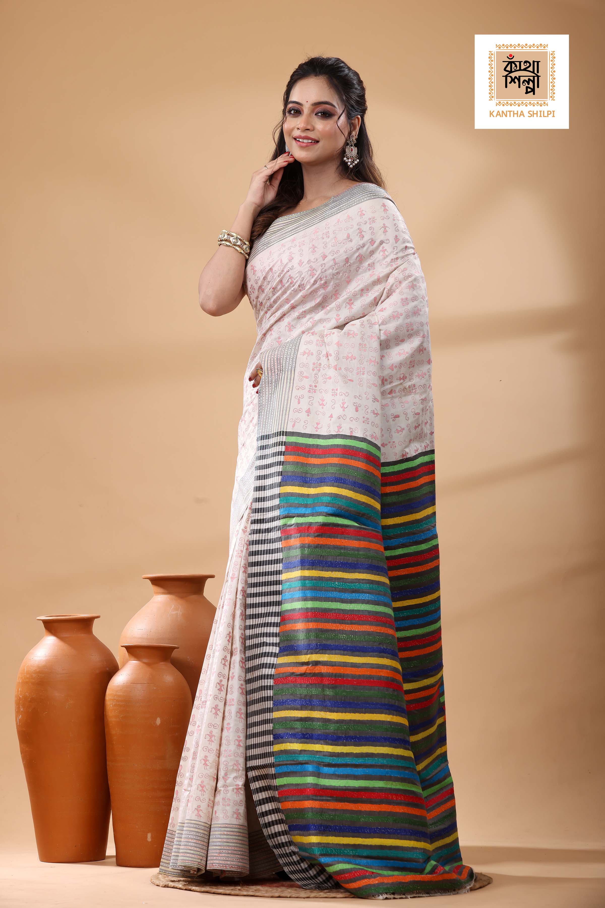 Bishnupuri (Katan) Silk Kantha Stitch Saree