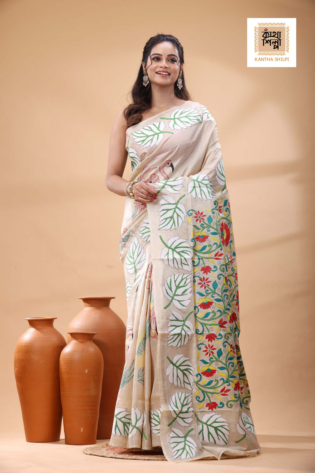 Pure Gachi Tussar Multicolor Thread Work Kantha Stitch Saree
