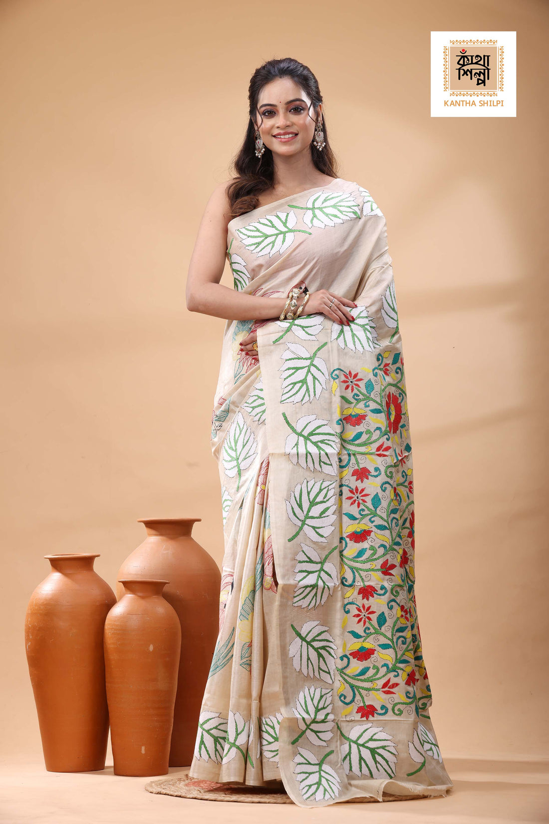 Pure Gachi Tussar Multicolor Thread Work Kantha Stitch Saree