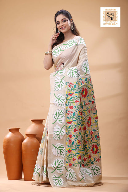 Pure Gachi Tussar Multicolor Thread Work Kantha Stitch Saree